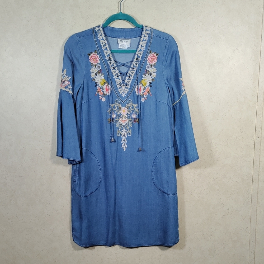 6115 Tru Luxe Jeans blue embroidered bell sleeve Dress XS